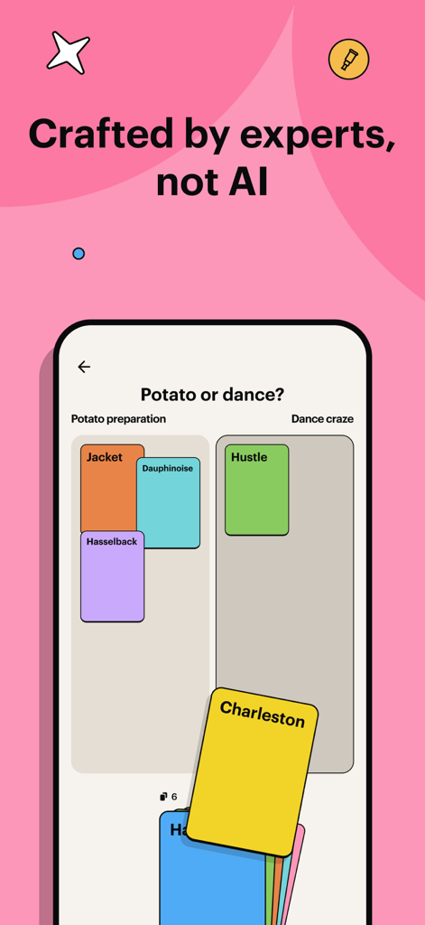 Spark: Puzzles for the Curious - Spark app interface showing a sorting puzzle to categorize items into potato preparations and dance crazes.