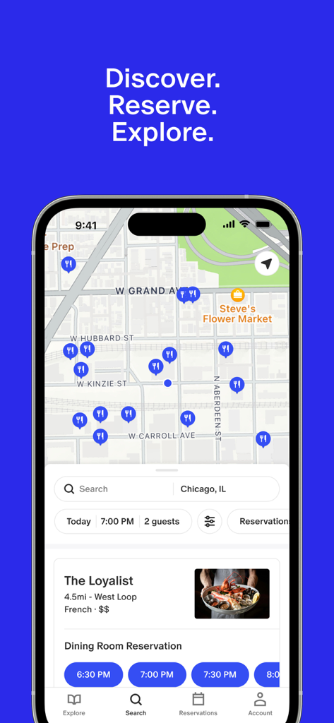 Vue de la carte dans l'application Tock montrant les emplacements des restaurants et la disponibilité des réservations.