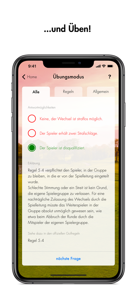 DGV-Platzreife - DGV Platzreife app practice mode screen showing a golf rules quiz with answer explanations