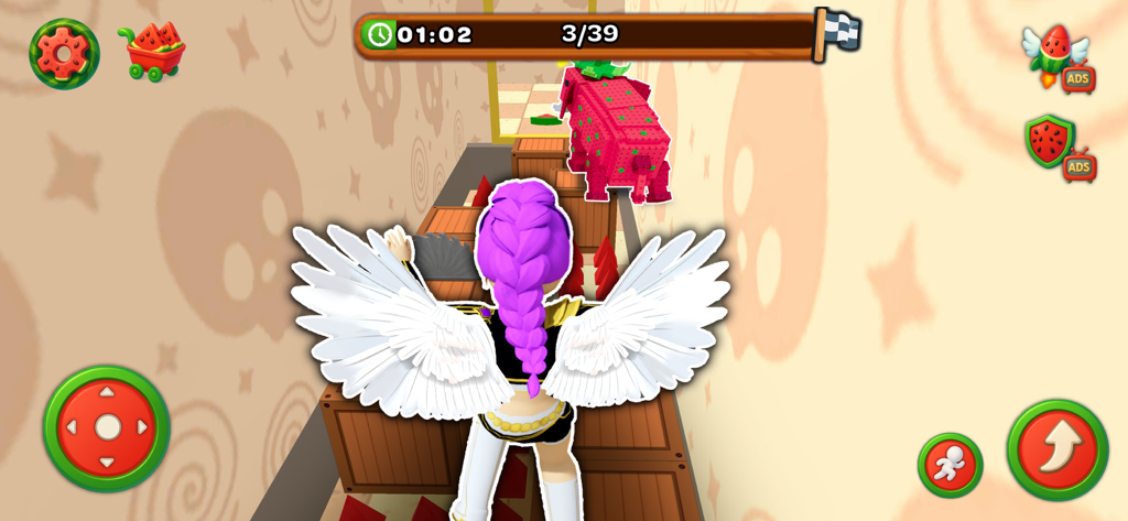 Watermelon World Challenge - Character with white wings and purple hair navigating an obstacle course in Watermelon World Challenge