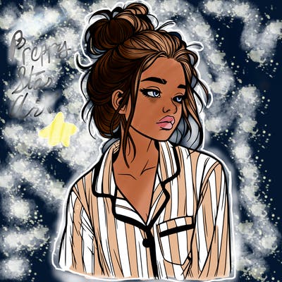 realistic woman with pajamas on and a messy bun