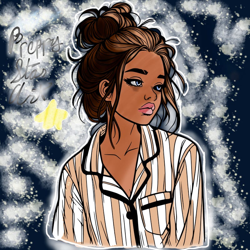 realistic woman with pajamas on and a messy bun