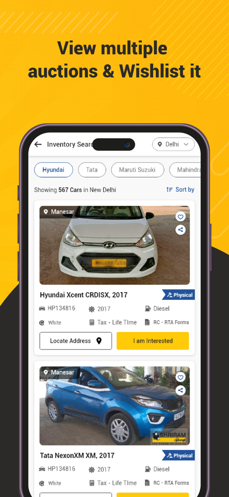 MySAMIL - A mobile app interface showing a list of used cars for auction with technical details and options to express interest.