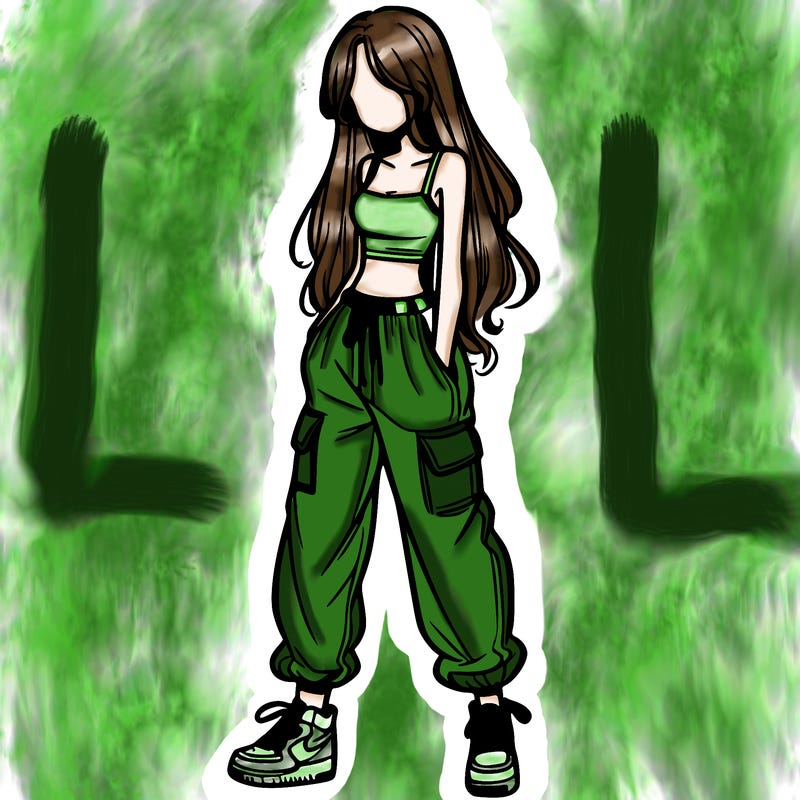 girl in baggy pants crop top and long hair