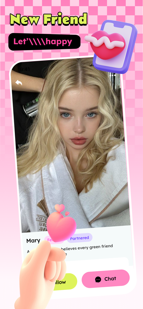 Video Chat & New Friends：Haysi - A profile view of an AI companion named Mary in the Haysi app with options to chat and follow