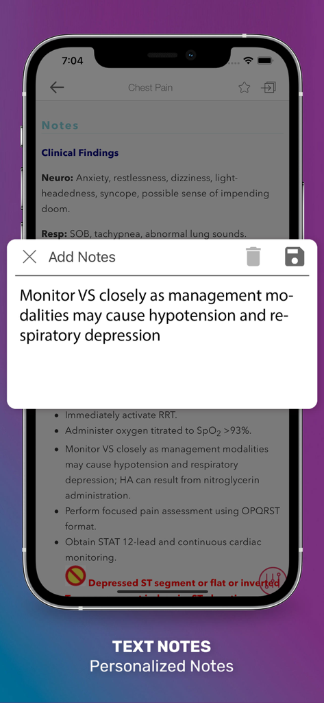MedSurg Notes: Nurse Pkt Guide - Función de notas de texto clínicas personalizadas en la aplicación de enfermería MedSurg Notes