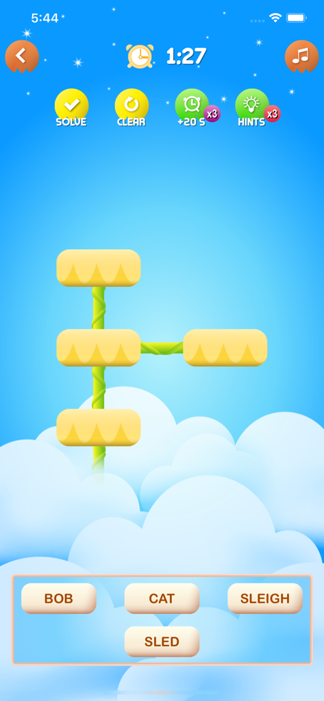 BranchWordy - BranchWordy gameplay interface showing a branching word puzzle with boxes and word options like bob cat and sleigh on a blue sky background