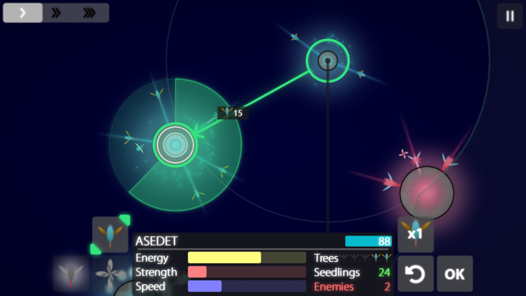 Eufloria HD - Gameplay screen of Eufloria HD showing botanical strategy mechanics and seedling statistics.