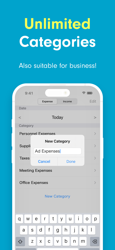 Easy Budget Money Tracker Zeny - Tela do aplicativo Easy Budget Zeny mostrando a entrada de uma nova categoria para Despesas de Publicidade sob o título Categorias Ilimitadas.