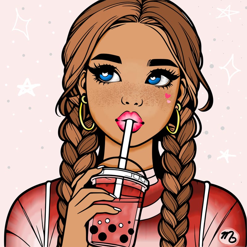 realistic girl with braided hair drinking boba