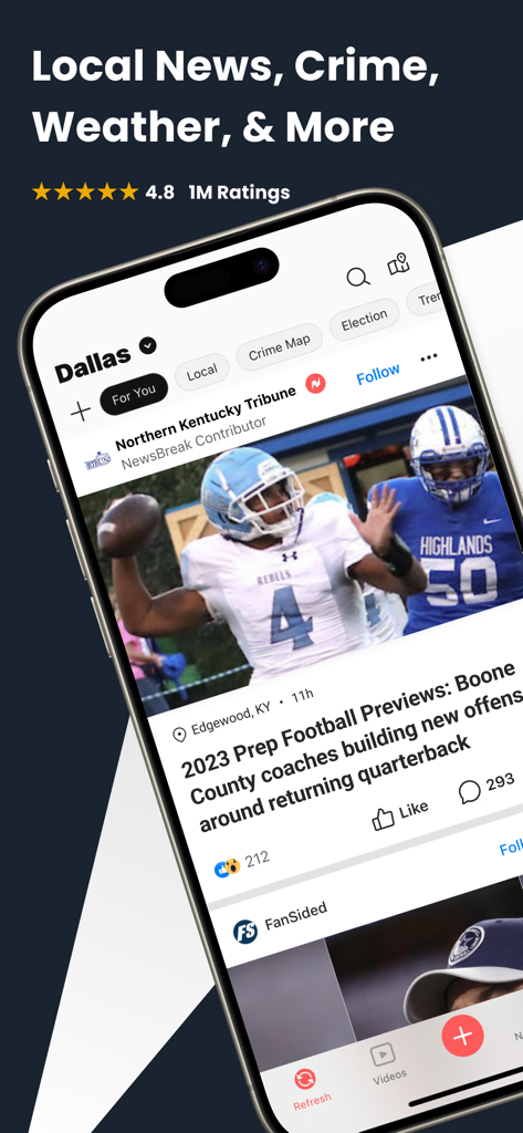 Smartphone screen displaying the NewsBreak app with hyper local news stories and community alerts.