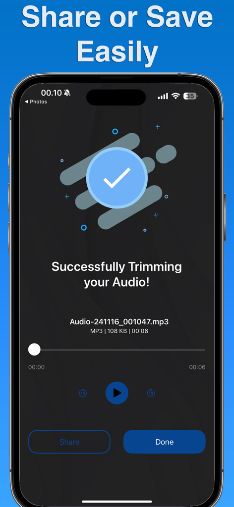Music Speed Changer・Audio - Music Speed Changer app screen showing successful audio trimming confirmation with share and save options