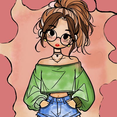 girl with a messy ponytail glasses a baggy crop top and jean shorts