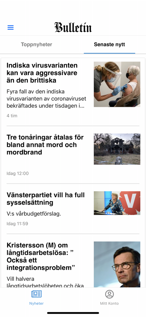Captura de tela do aplicativo de notícias sueco Bulletin exibindo o feed de notícias mais recentes