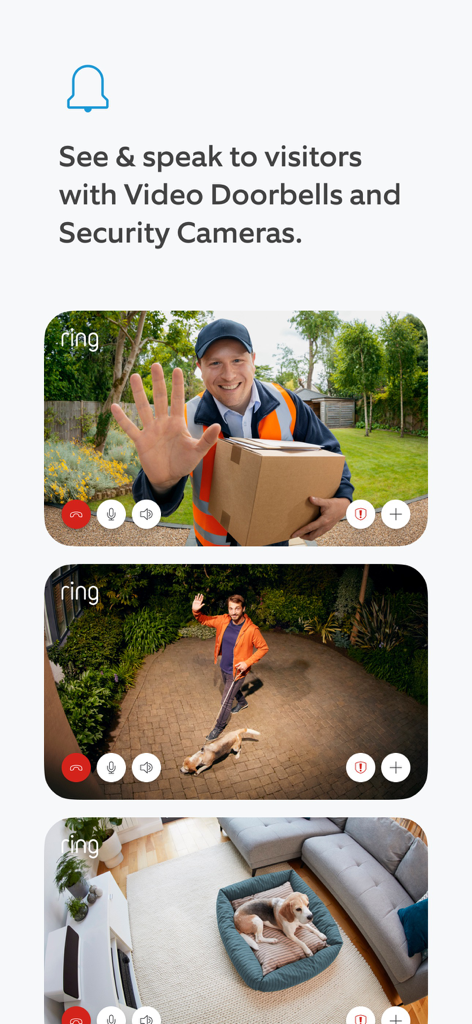 Ring app screens showing live video from a front door camera and indoor security cameras