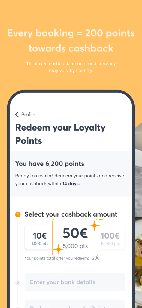 Quandoo: Restaurant Bookings - Quandoo app interface showing the loyalty points redemption screen with options for cashback rewards