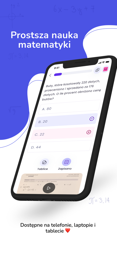 Matematyka Gryzie - A smartphone displaying the Matematyka Gryzie app interface with a multiple choice math problem in Polish.