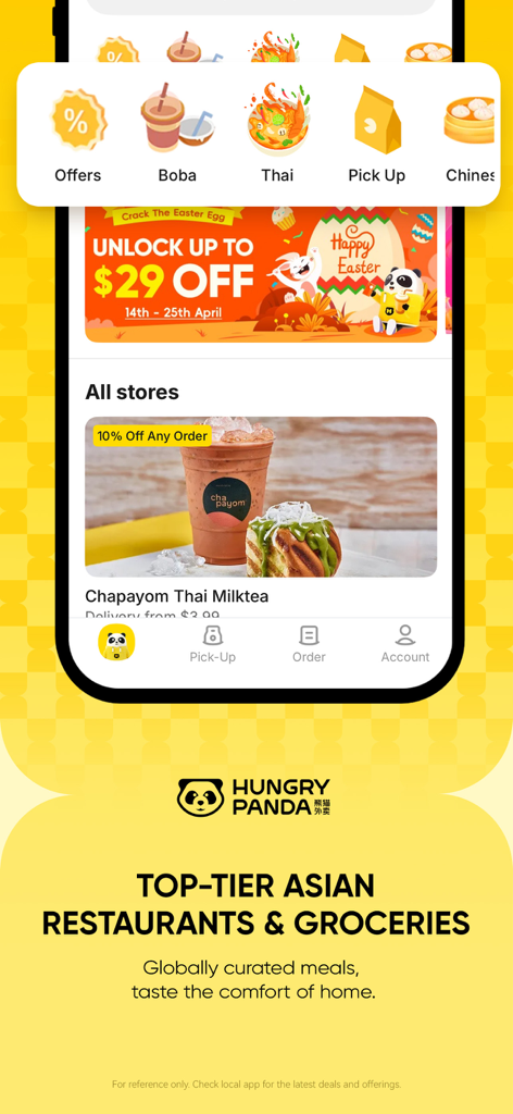 HungryPanda熊猫外卖 - Pantalla de inicio de la aplicación HungryPanda que muestra categorías de comida asiática y ofertas especiales de entrega