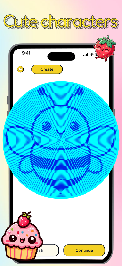 Spiral Art: Portrait Drawing - Una interfaz de aplicación móvil que muestra un dibujo de arte en espiral de un lindo personaje de abeja en el encabezado Personajes lindos.