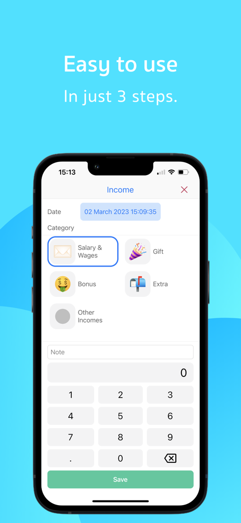 A simple mobile interface for logging income in the Lomaa money tracking app showing various categories and a numeric keypad
