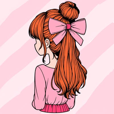 realistic girl  with hip length hair a bun and a big bow on the back of head