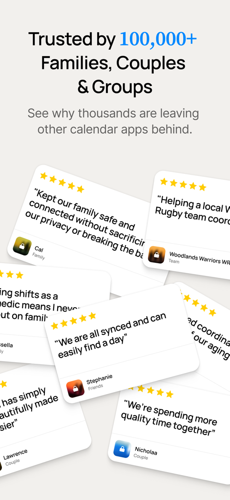 OurCal: Group Calendar Share - User reviews and testimonials for OurCal shared calendar app showing high ratings and family trust.