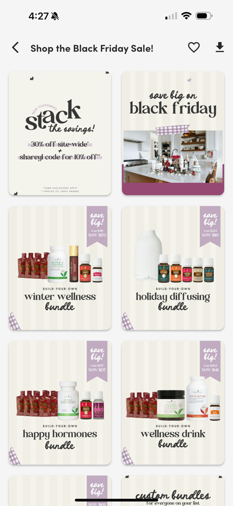 Life Steps - Life Steps app screen displaying various Black Friday sale bundles and promotional wellness guides for Young Living products