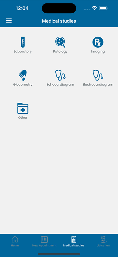The medical studies menu in the SIMNSA app showing categories for laboratory, pathology, and imaging.