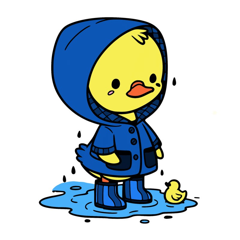 baby duck in a rain coat and boots, in a puddle while it’s raining