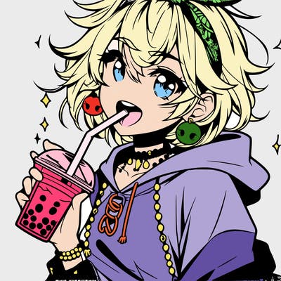 hot baddie anime girl drinking boba and biting the straw