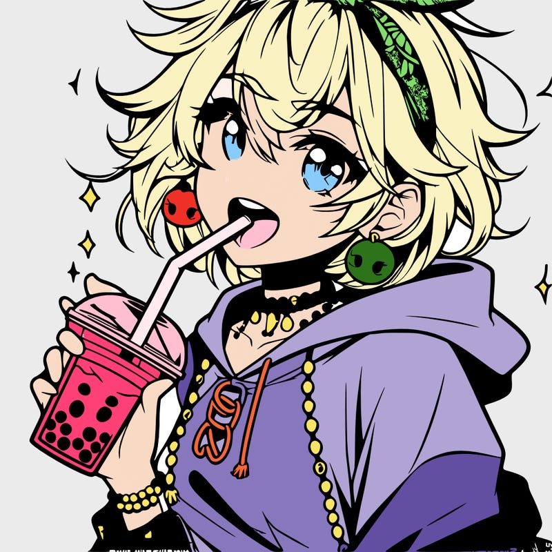 hot baddie anime girl drinking boba and biting the straw