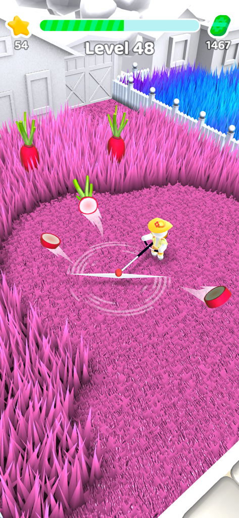 A character in a yellow hat cutting pink grass and collecting radishes in the Mow My Lawn mobile game.