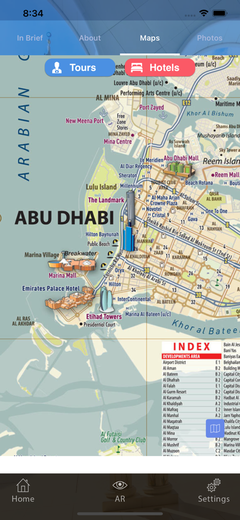 랜드마크 아이콘과 탐색 메뉴가 있는 아부다비 시의 상세 오프라인 지도