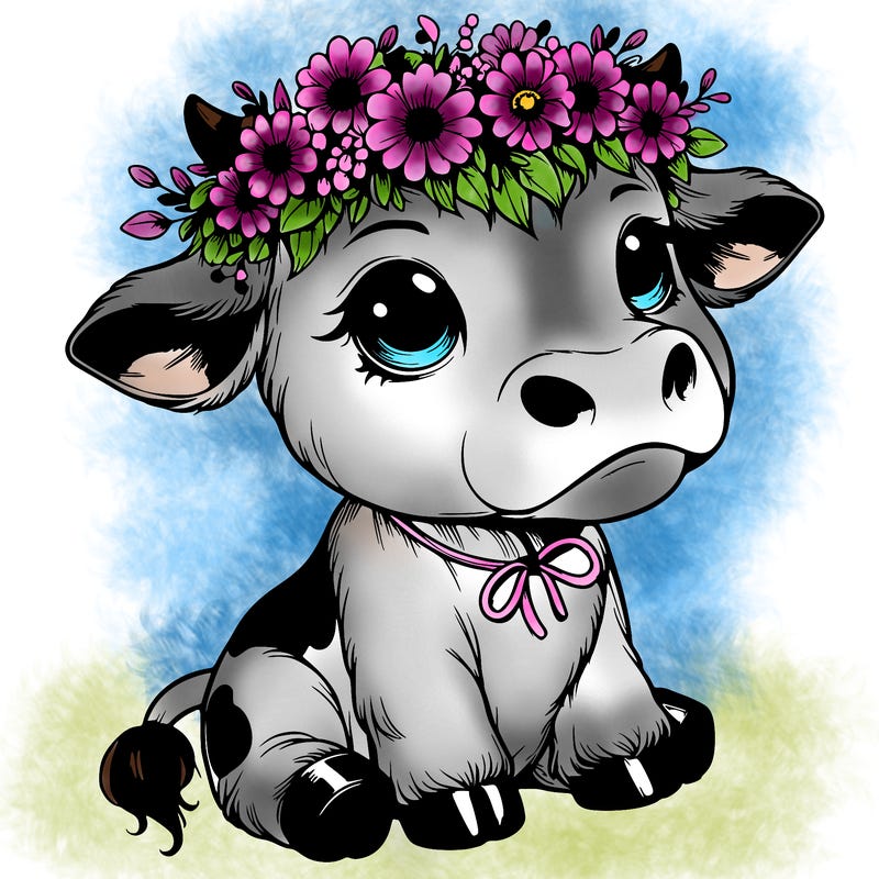 realistic adorable cow with flower crown