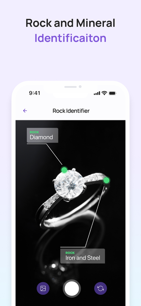 Interface of the 6Sense AI app showing the rock and mineral identification feature analyzing a diamond ring.