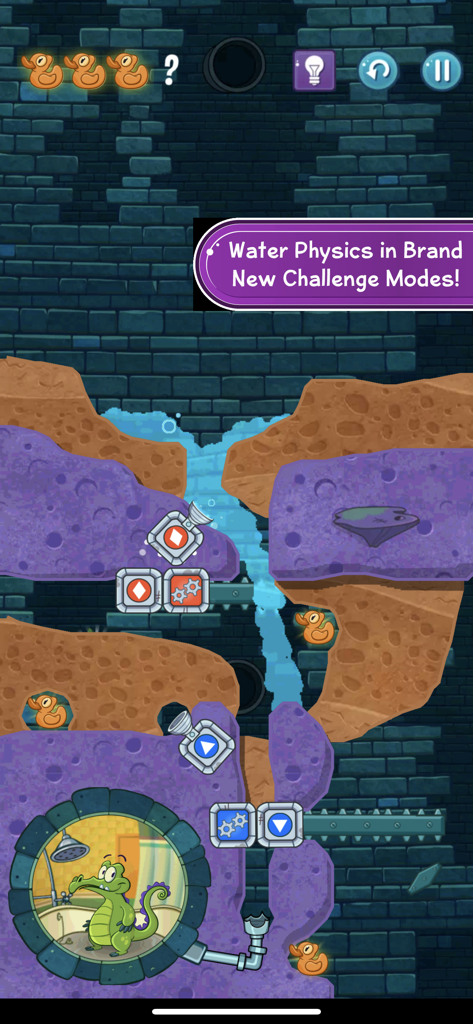 Where's My Water? 2 - Where's My Water 2の物理ベースのパズルレベルで、水が来るのを待っているワニのスワンピー。