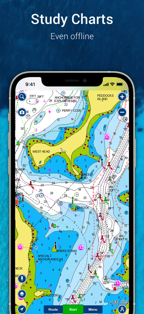 Navionics® Boating - Interfaz de la app Navionics Boating mostrando una carta náutica detallada para navegación offline