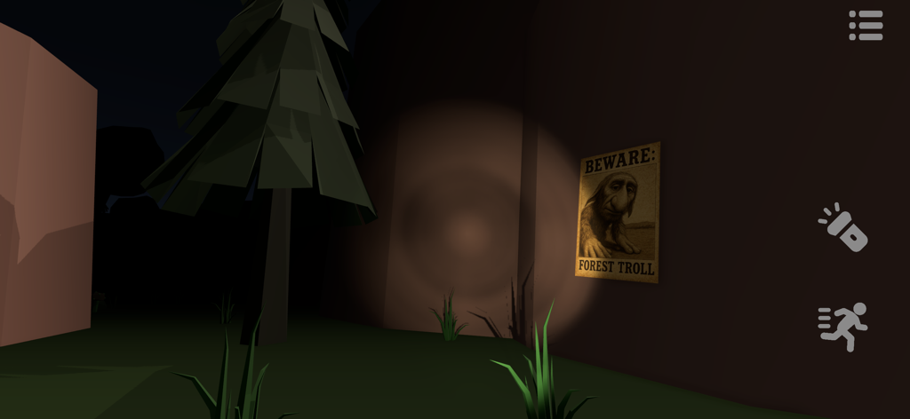 Brr Brr Patapim - Eine Taschenlampe beleuchtet ein 'Vorsicht Waldtroll'-Poster in den dunklen Wäldern von Brr Brr Patapim.