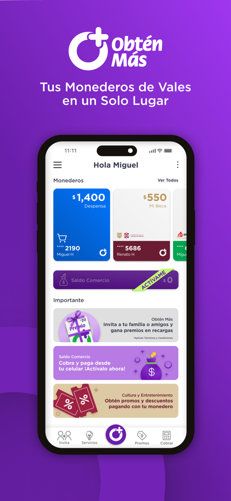 Obtén Más - Panel de la aplicación móvil Obten Mas que muestra múltiples billeteras de vales digitales para fondos de comestibles y becas.