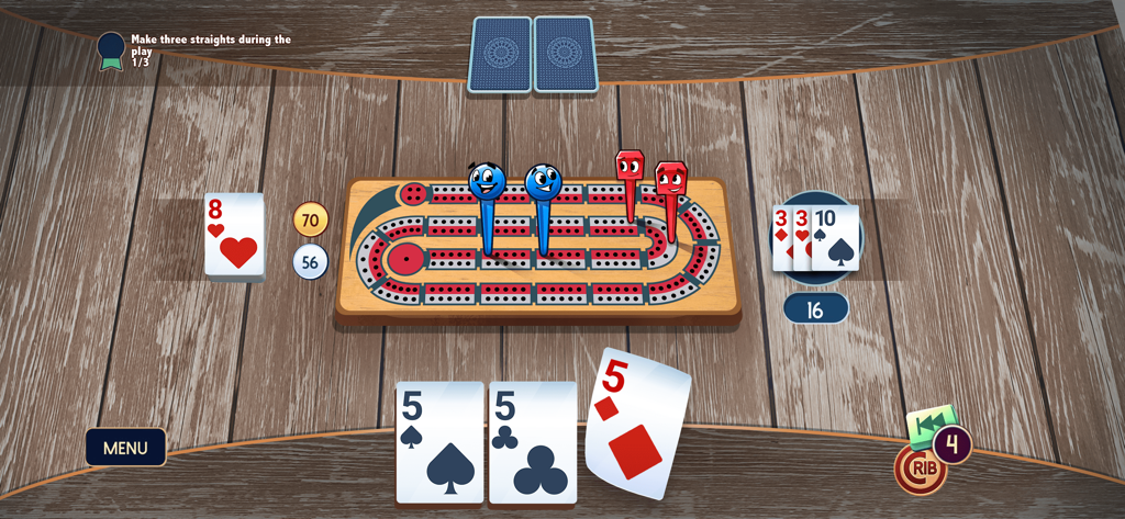 Gameplay of Ultimate Cribbage Classic showing a scoring board and cards on a wooden background