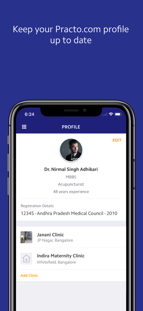 Practo Pro - For Doctors - Interface of Practo Pro app showing a doctor profile with professional experience and clinic locations
