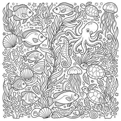 Explore the wonders of the deep blue sea with this engaging marine life coloring page. Perfect for all ages, it features a vibrant collection of fish, turtles, and other fascinating ocean creatures.
