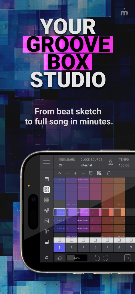 BAM - Beat Maker & Music Maker - BAM music production app interface with a colorful grid sequencer on a mobile device