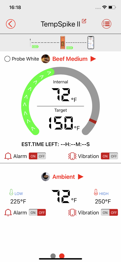 TempSpike mobile app interface showing internal meat temperature and target settings for beef medium.