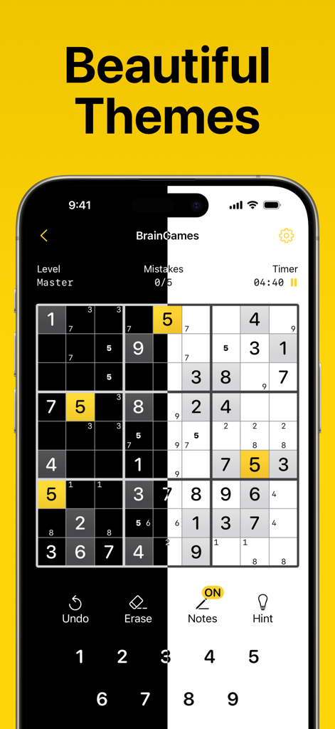 Sudoku Logic Puzzle BrainGames - A Sudoku puzzle game interface on an iPhone displaying a split black and white visual theme.