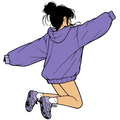 realistic girl jumping with a bun and oversized sweatshirt