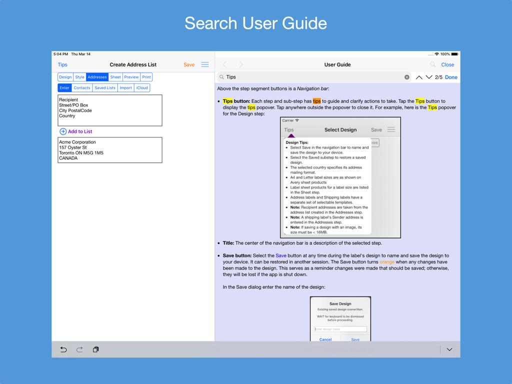 A screenshot of the Address Label Creator app on an iPad showing the searchable user guide alongside the address list creation screen.