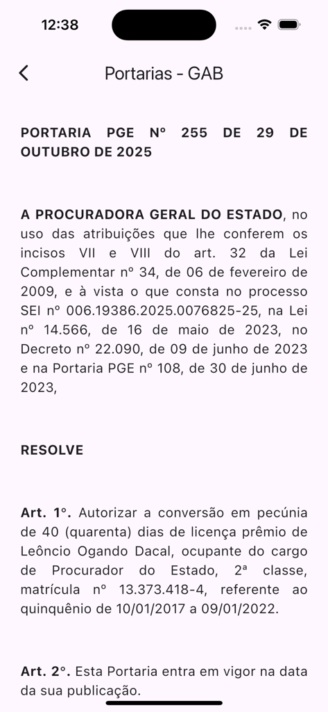 EGBA - Imprensa Oficial - Vista del documento de ordenanza legal en la aplicación móvil EGBA Imprensa Oficial