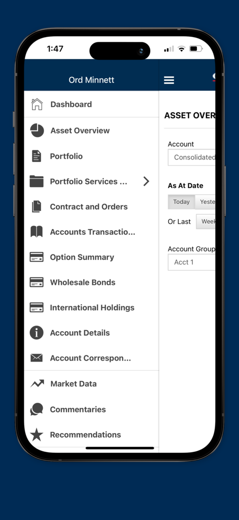 Ord Minnett - Side navigation menu of the Ord Minnett wealth management app displaying various account and investment options