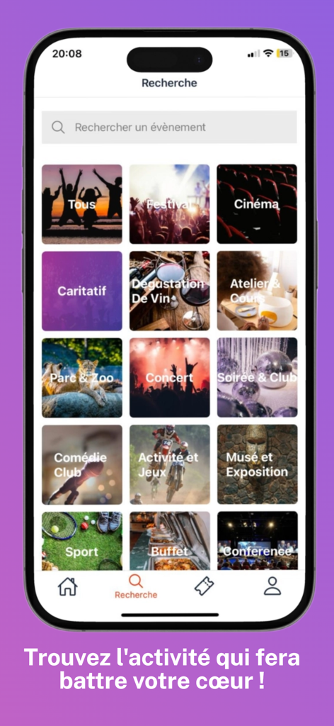 부르키나파소 사용자를 위한 축제, 영화, 콘서트 등 이벤트 카테고리 그리드를 보여주는 Sanbbiz 앱 인터페이스
